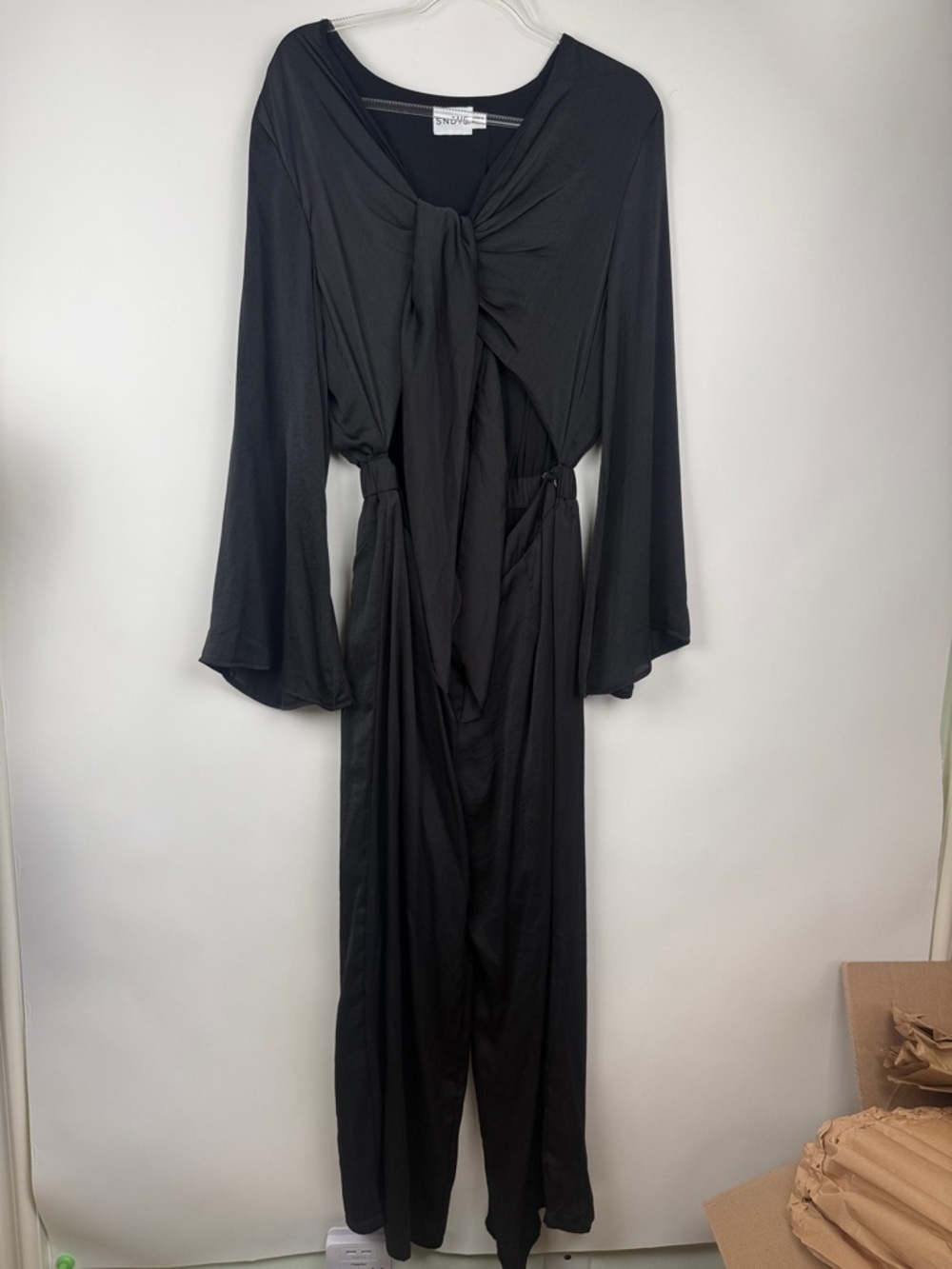 SNDYS x Revolve Pluto Tie Front Cut Out Jumpsuit in Black Sateen Size 6 - Picture 5 of 11
